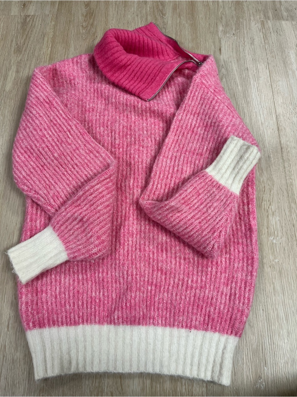 Ganni Pink Ribbed Zip-Turtleneck Sweater with Cream Trim